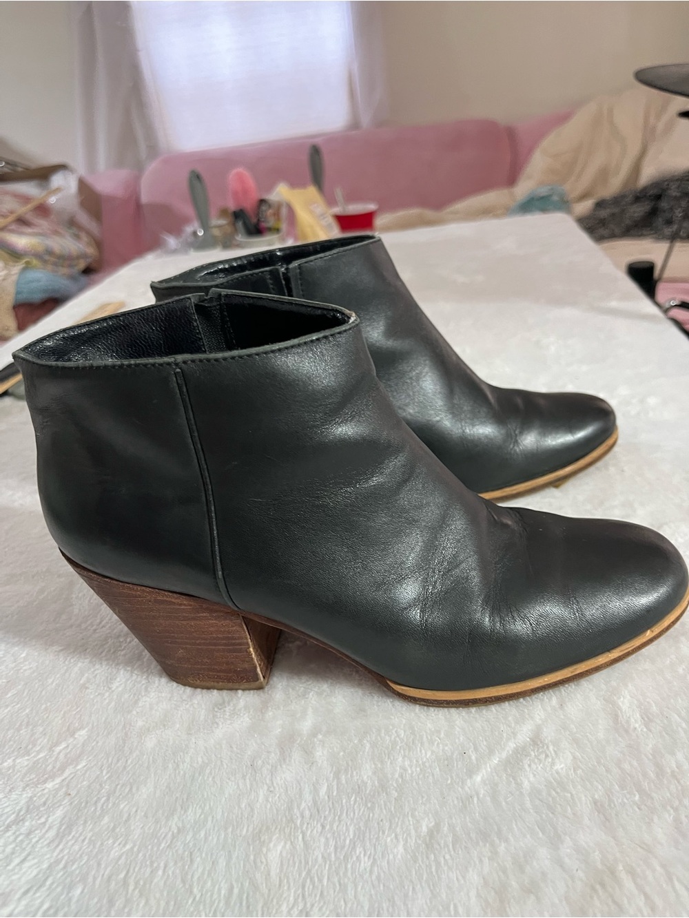 Rachel Comey Mars Booties Black Leather Stacked Wood Mid Heel 9 Pull On Used